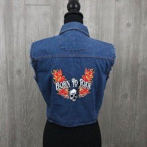 Biker design denim cropped shirt with tie front skull & Fire flames cotton med